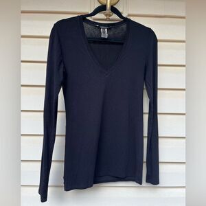 BCBG Max Azria black long sleeve semi sheer V-neck top, great condition, size S